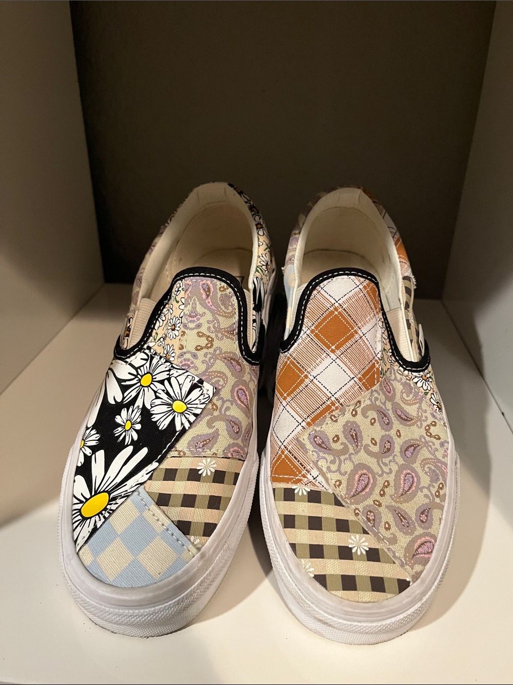 Vans Women’s Patchwork Slip-On Sneakers in Black, Yellow, Orange, Tan, Blue - Picture 2 of 5
